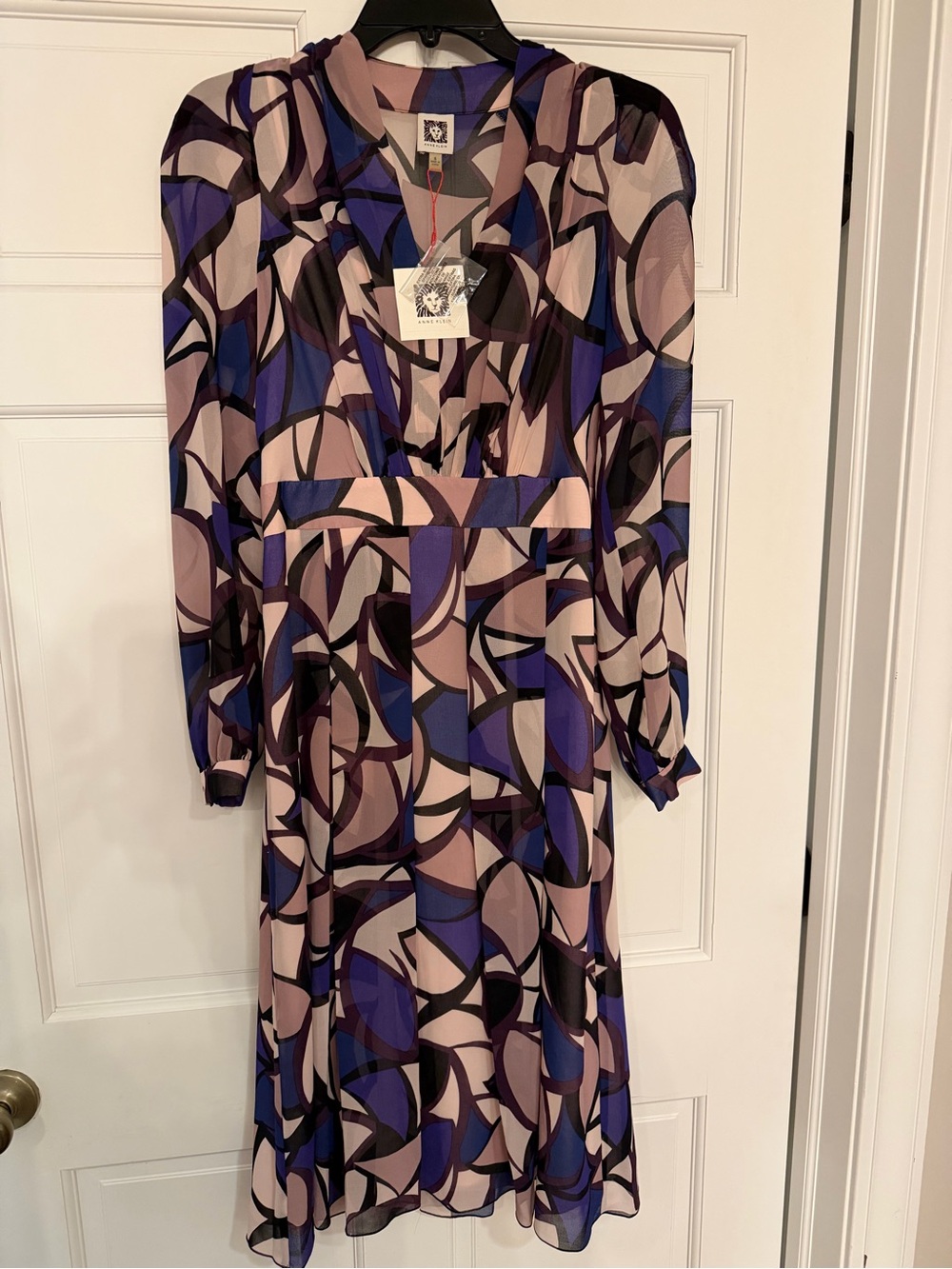 Anne Klein Purple and Beige Geometric Long Sleeve Midi Dress